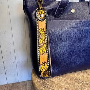 Genuine Leather Strap Tooled Leather Western Keychain Sunflower Wristlet Strap